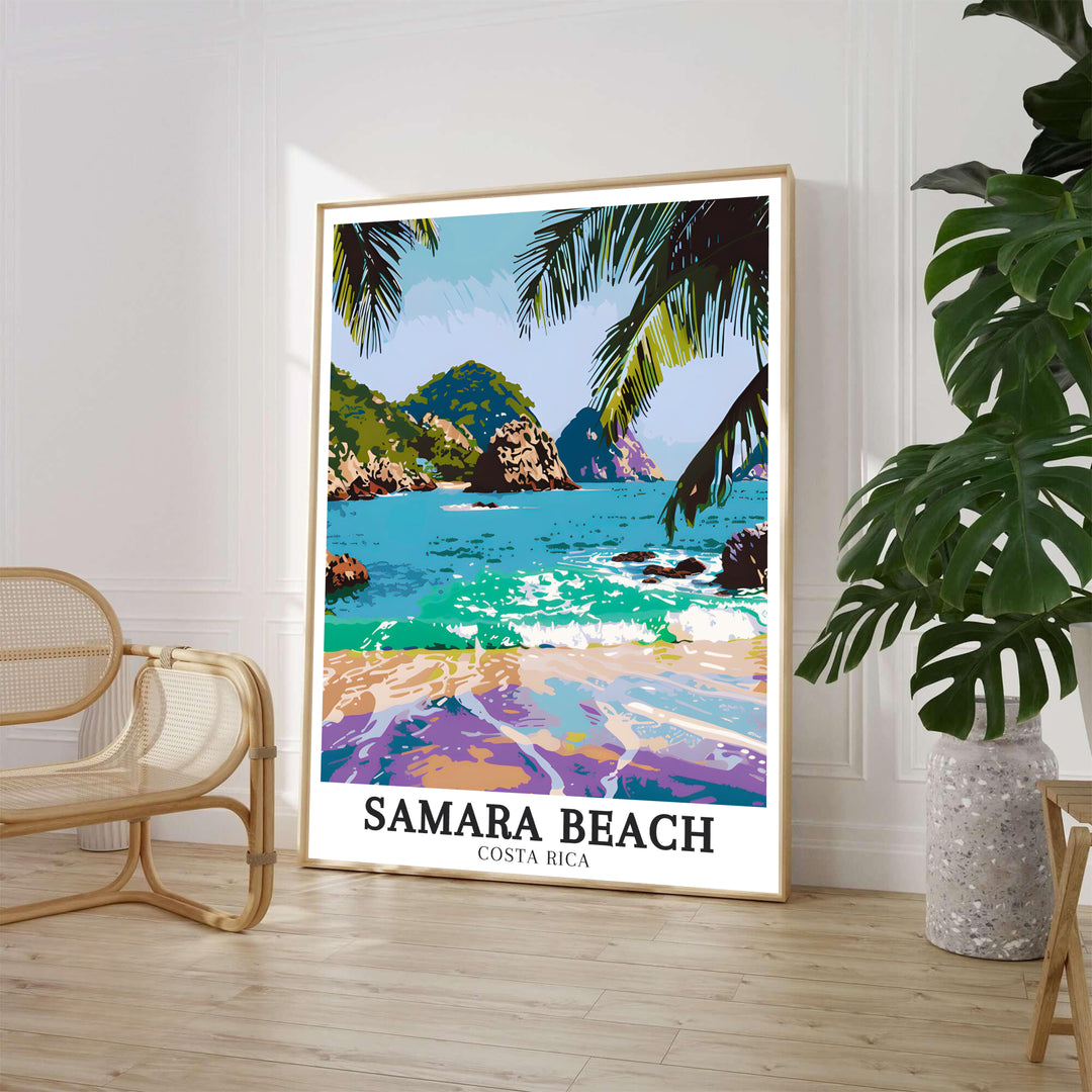 Detailed vector artwork of palm trees and turquoise breaking waves at Samara Beach in Costa Rica decorates this print. Order fine art framed, unframed, and canvas poster options online at MapYourDreams.