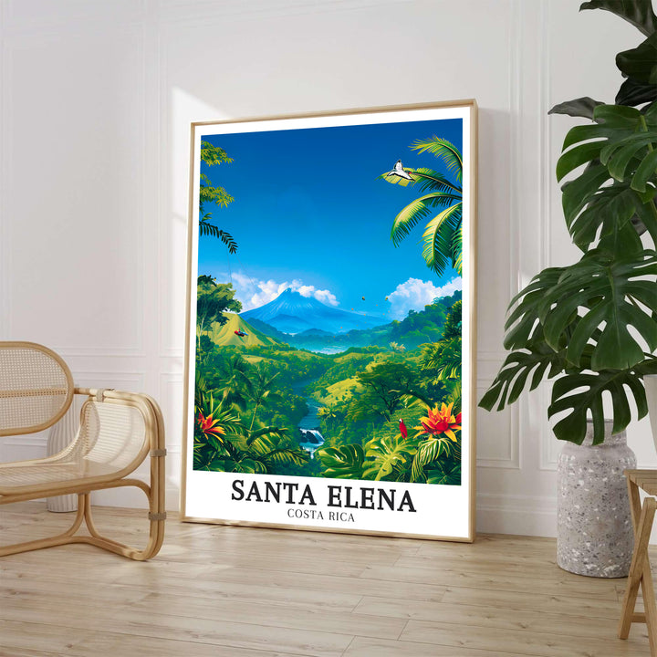 Detailed vector artwork of a lush rainforest valley, aerial gondolas, and Arenal Volcano in Santa Elena decorates this print. Order fine art framed, unframed, and canvas poster options online at MapYourDreams.