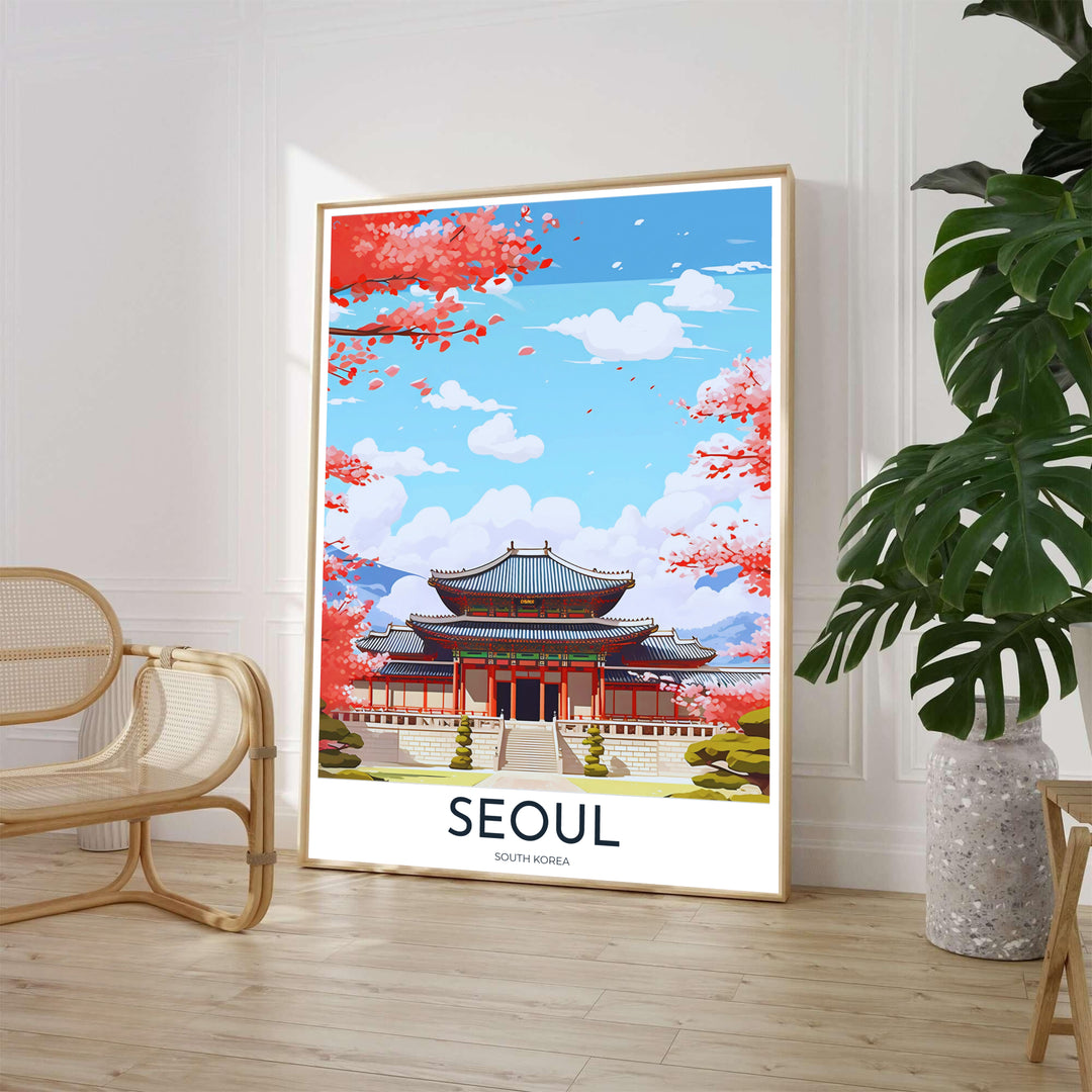 Scenic spring travel poster of Gyeongbokgung Palace in Seoul, South Korea, showcasing traditional curved tiled roofs, red columns, stone steps, and vibrant cherry blossom petals drifting through the sunny air. Offered by MapYourDreams, this artwork is available in flexible options including unframed paper, custom wooden frames, and gallery canvas wraps.