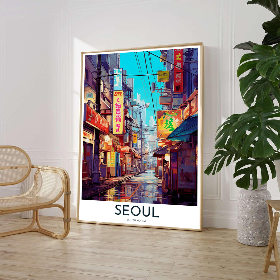Scenic anime street poster depicting a cozy, bustling urban alley in Seoul, South Korea, featuring glowing storefront lanterns, vertical signboard typography, and rain-slicked asphalt reflecting warm neon lights. Offered by MapYourDreams, this artwork is available in flexible options including unframed paper, custom wooden frames, and gallery canvas wraps.