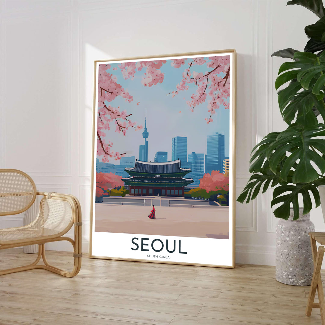 Scenic spring art poster of Gyeongbokgung Palace in Seoul, South Korea, presenting a solitary figure in traditional Korean attire standing before royal curved rooflines, framed by soft pink cherry blossom branches and distant glass towers. Offered by MapYourDreams, this artwork is available in flexible options including unframed paper, custom wooden frames, and gallery canvas wraps.