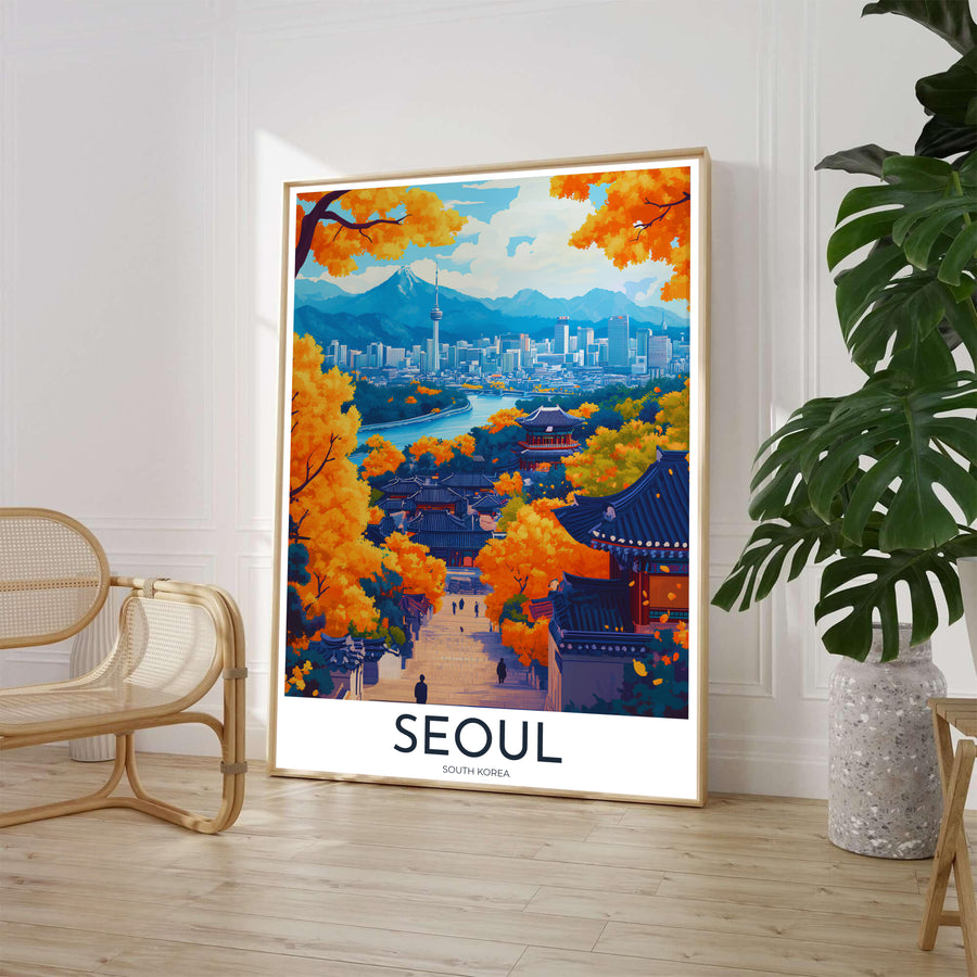 Scenic fall season art poster depicting an elevated view over Seoul, South Korea, where traditional dark-tiled Hanok roofs rest beneath vibrant orange and yellow foliage with modern city skyscrapers and N Seoul Tower in the distance. Offered by MapYourDreams, this artwork is available in flexible options including unframed paper, custom wooden frames, and gallery canvas wraps.