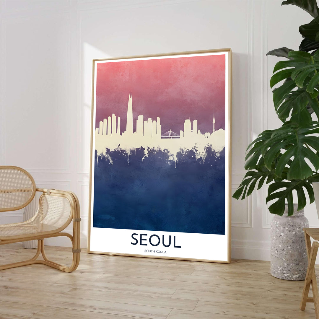 Minimalist twilight skyline poster illustrating the iconic landmarks of Seoul, South Korea, set against a soft mauve and navy blue watercolor texture background with white typography reading SEOUL. Offered by MapYourDreams, this artwork is available in flexible options including unframed paper, custom wooden frames, and gallery canvas wraps.