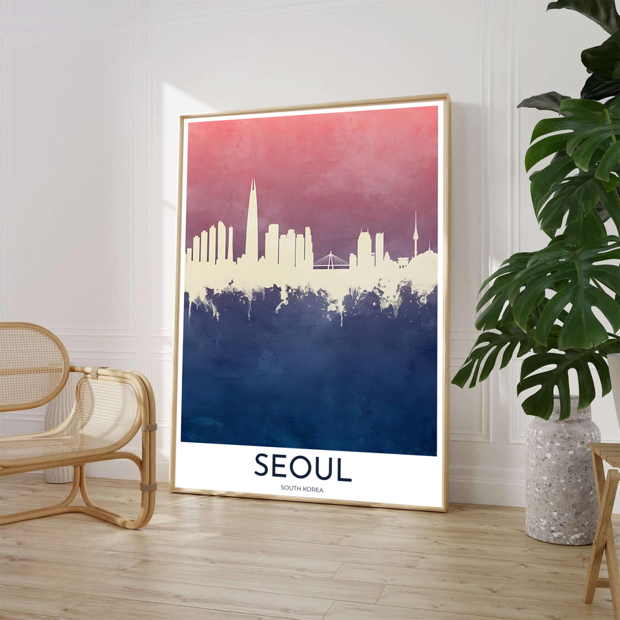 Minimalist twilight skyline poster illustrating the iconic landmarks of Seoul, South Korea, set against a soft mauve and navy blue watercolor texture background with white typography reading SEOUL. Offered by MapYourDreams, this artwork is available in flexible options including unframed paper, custom wooden frames, and gallery canvas wraps.
