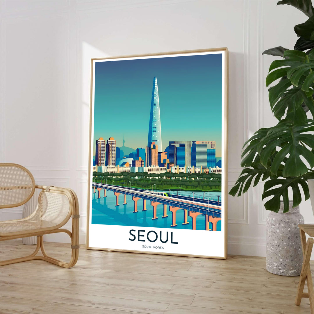 Vibrant urban skyline art print featuring Seoul South Korea&