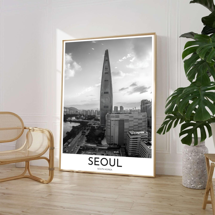 Dramatic monochrome skyline art print showcasing Seoul South Korea&