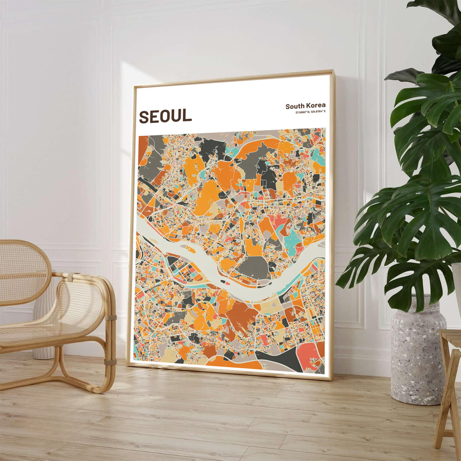 Terracotta and ochre warm-toned map poster featuring the detailed urban layout of Seoul, South Korea, presented by MapYourDreams with versatile choices such as unframed archival paper, sleek picture frames, and stretched canvas options designed to complement contemporary room decor.