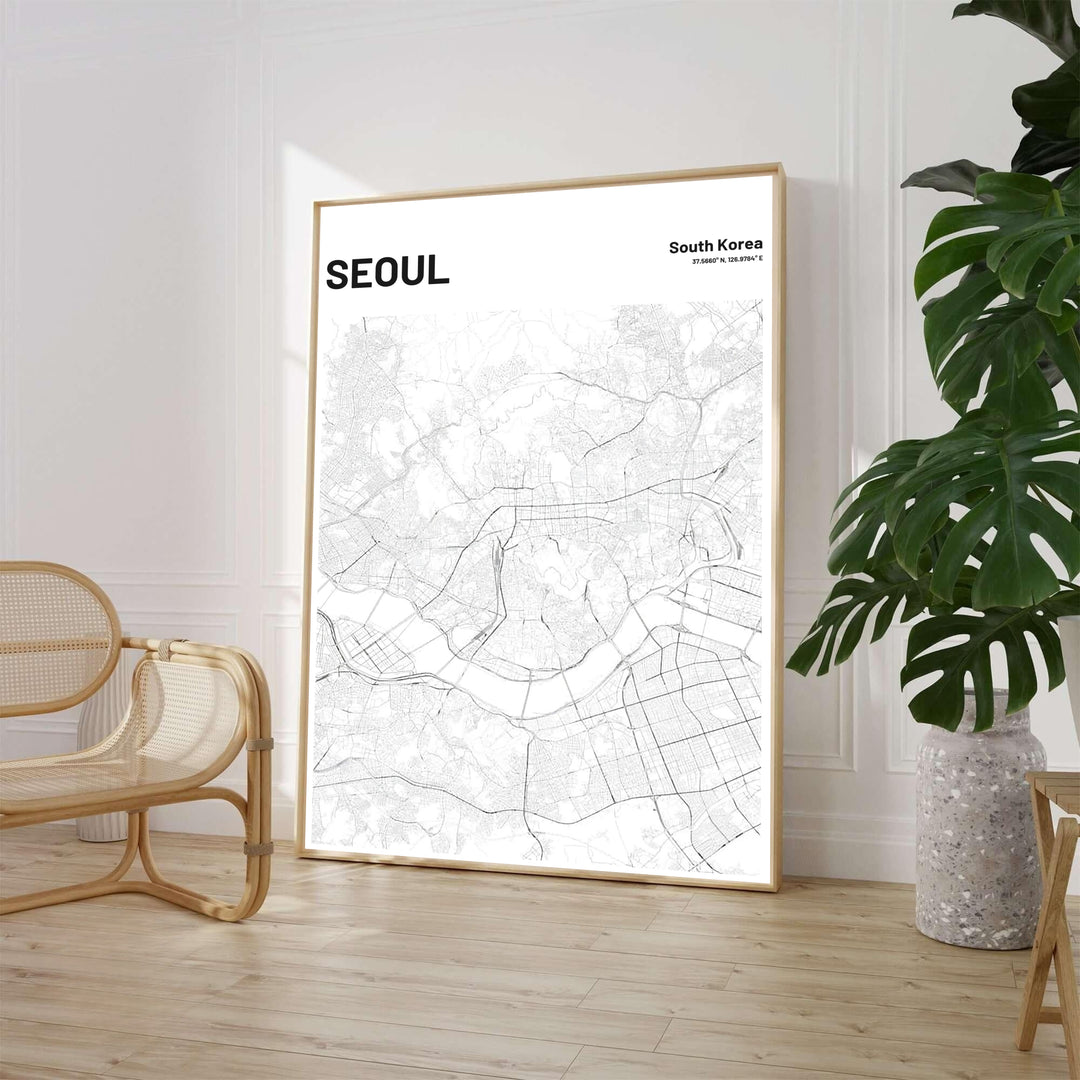 Modern monochrome seoul city map poster highlighting detailed urban street avenues and geographical coordinates, offered by MapYourDreams in flexible choices such as unframed paper, sleek picture frames, and stretched canvas options designed to complement contemporary living room or office decor.