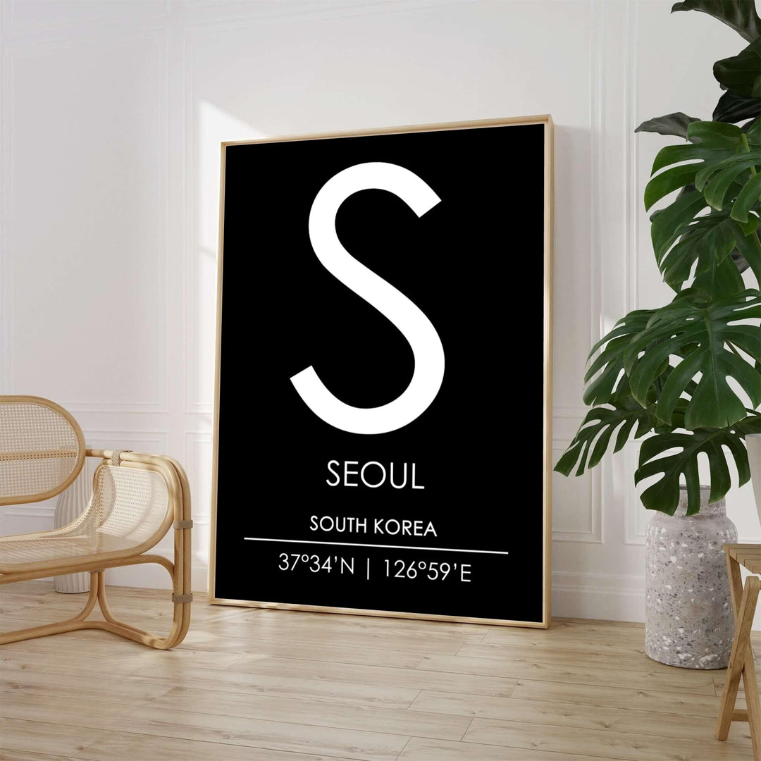 Modern black seoul initial letter S poster highlighting clean typography and geographical coordinates, offered by MapYourDreams in flexible choices such as unframed paper, sleek picture frames, and stretched canvas options designed to complement contemporary living room or office decor.