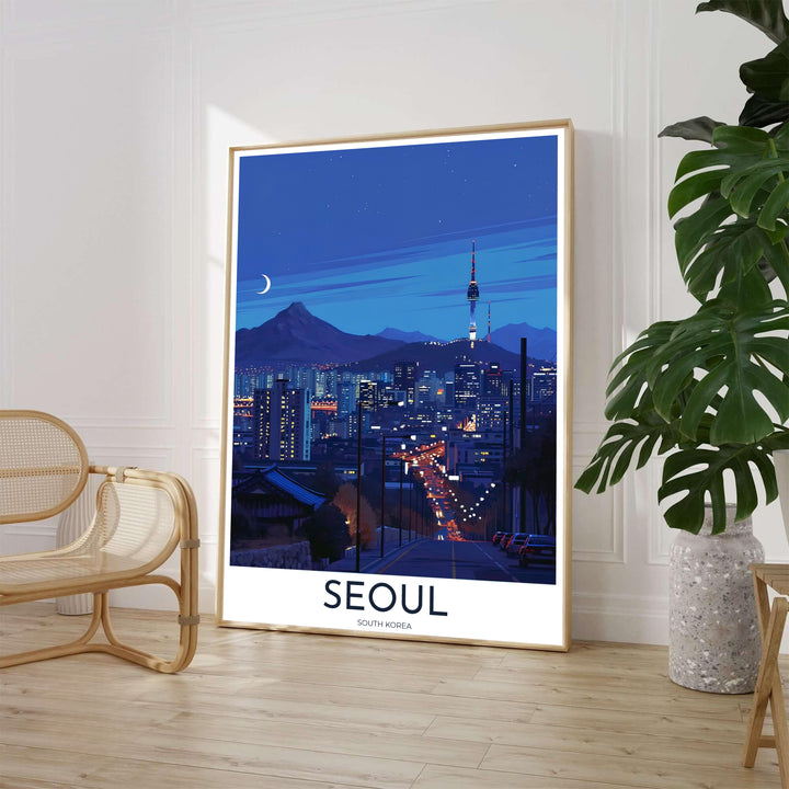 Vibrant night skyline travel poster featuring glowing city lights, traffic trails, and Namsan Mountain in Seoul South Korea, presented by MapYourDreams with versatile choices such as unframed archival paper, sleek picture frames, and stretched canvas options designed to complement modern interiors.