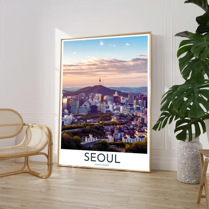 Panoramic photography print capturing golden hour light over residential districts and high-rises in Seoul South Korea, supplied by MapYourDreams in adaptable styles including unframed paper, custom black frames, and fine gallery canvas prints ideal for living room wall art setups.