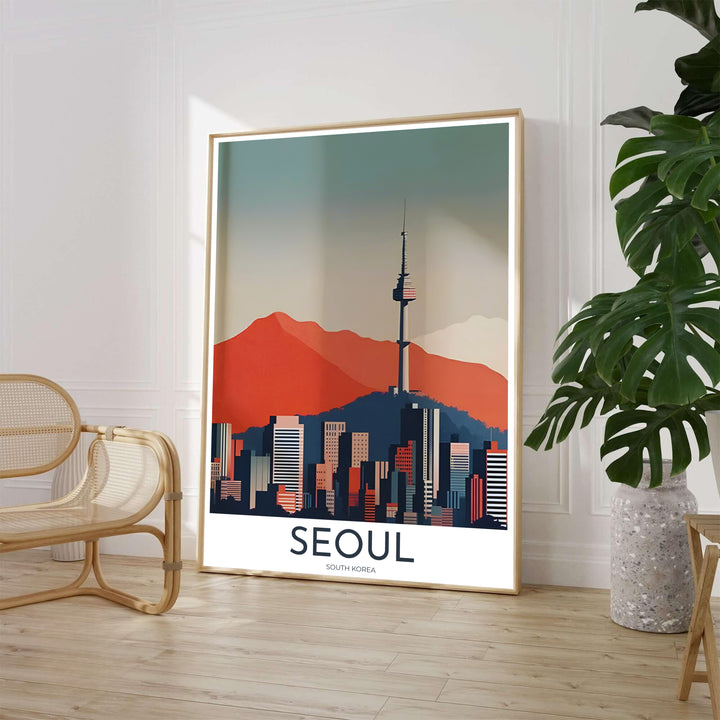 Terracotta orange and navy blue city skyline art print featuring N Seoul Tower and geometric high-rises in Seoul South Korea, presented by MapYourDreams with versatile choices such as unframed archival paper, sleek picture frames, and stretched canvas options designed to complement modern interiors.