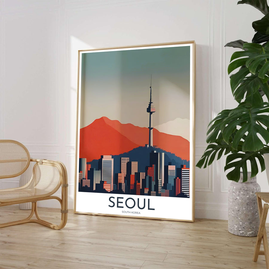 Terracotta orange and navy blue city skyline art print featuring N Seoul Tower and geometric high-rises in Seoul South Korea, presented by MapYourDreams with versatile choices such as unframed archival paper, sleek picture frames, and stretched canvas options designed to complement modern interiors.