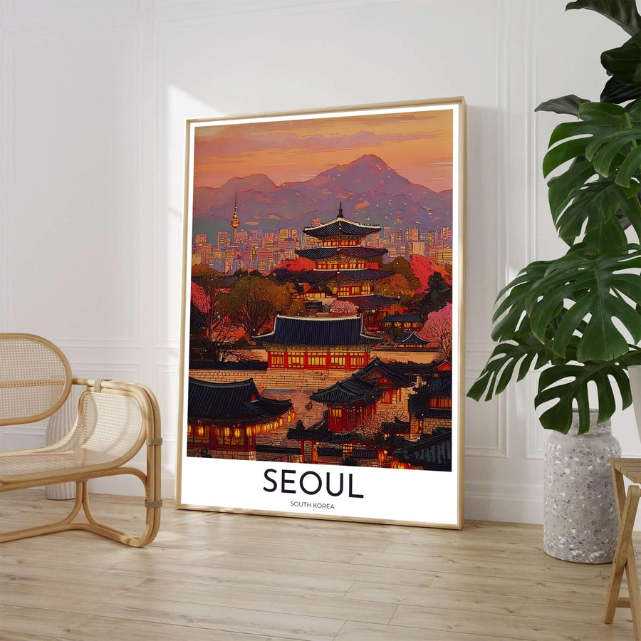Atmospheric dusk travel poster featuring glowing courtyard lanterns, traditional pagoda architecture, and N Seoul Tower in Seoul South Korea, presented by MapYourDreams with versatile choices such as unframed archival paper, sleek picture frames, and stretched canvas options designed to complement modern interiors.
