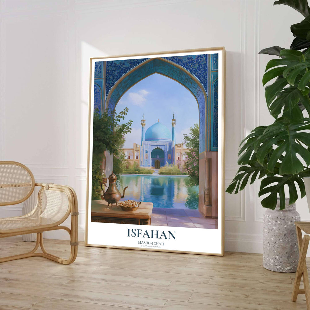 Scenic Persian architecture print depicting the Shah Mosque in Isfahan featuring a turquoise dome, twin minarets, and brass tea kettle on a balcony table. Crafted by MapYourDreams, this artwork is available in flexible options including unframed paper, custom wooden frames, and gallery canvas wraps to suit your wall decor.