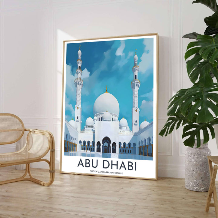 Sleek architectural travel poster of the Sheikh Zayed Grand Mosque in Abu Dhabi showing glowing white marble domes topped with golden crescents. Crafted by MapYourDreams, this artwork is available in flexible options including unframed paper, custom wooden frames, and gallery canvas wraps to suit your wall decor.