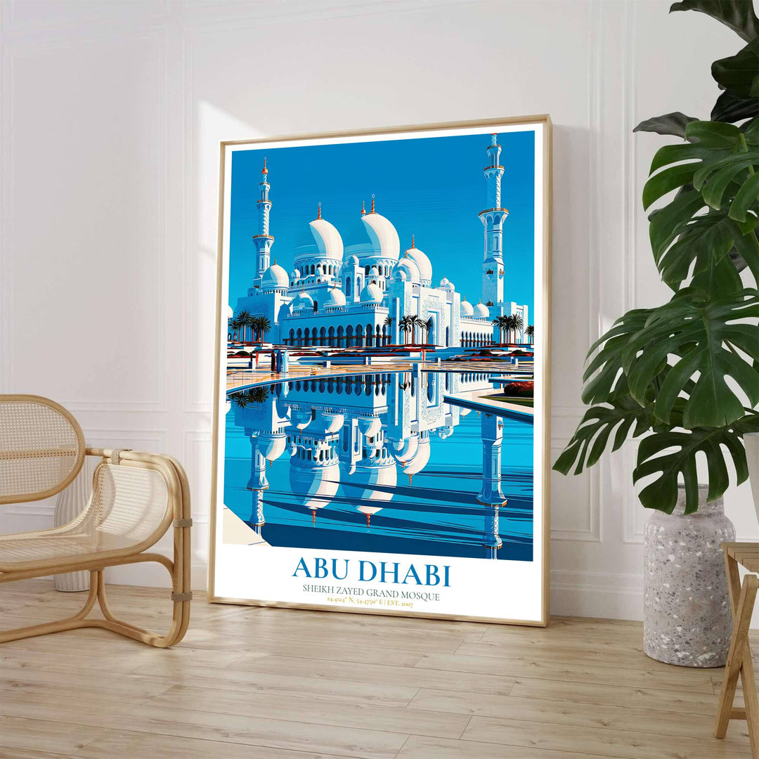 High-contrast travel poster of the Sheikh Zayed Grand Mosque in Abu Dhabi showing glowing white marble domes and minarets mirrored in a glass-still pool. Crafted by MapYourDreams, this artwork is available in flexible options including unframed paper, custom wooden frames, and gallery canvas wraps to suit your wall decor.