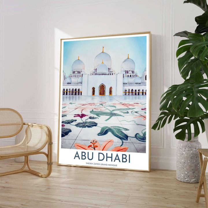 Fine art watercolor poster of the Sheikh Zayed Grand Mosque in Abu Dhabi showing coral floral floor mosaics and pristine white marble architecture. Crafted by MapYourDreams, this artwork is available in flexible options including unframed paper, custom wooden frames, and gallery canvas wraps to suit your wall decor.