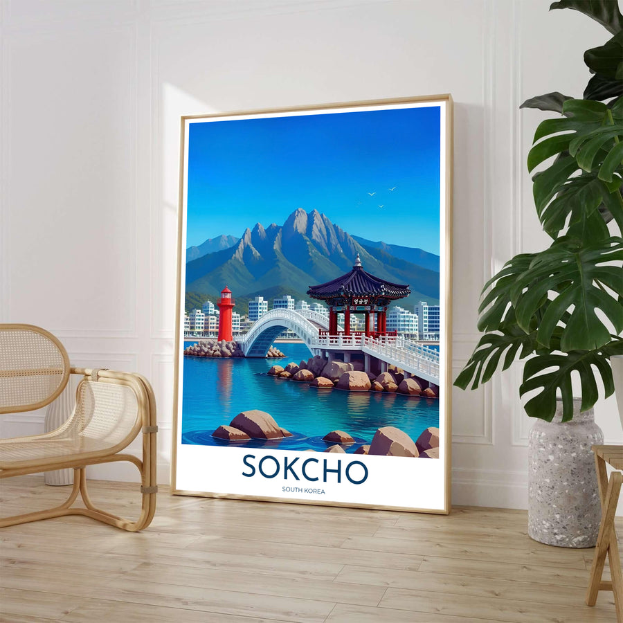 Scenic East Sea landscape art print featuring a white arched bridge leading to Yeonggeumjeong Pavilion in Sokcho South Korea, presented by MapYourDreams with versatile choices such as unframed archival paper, sleek picture frames, and stretched canvas options designed to complement modern interiors.