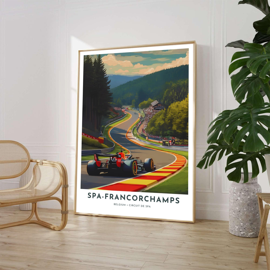 A scenic Formula 1 race car tackling the legendary Eau Rouge corner at Spa-Francorchamps in Belgium, surrounded by lush Ardennes forest hills. Offered by MapYourDreams, this artwork is available in flexible options including unframed paper, custom wooden frames, and gallery canvas wraps.