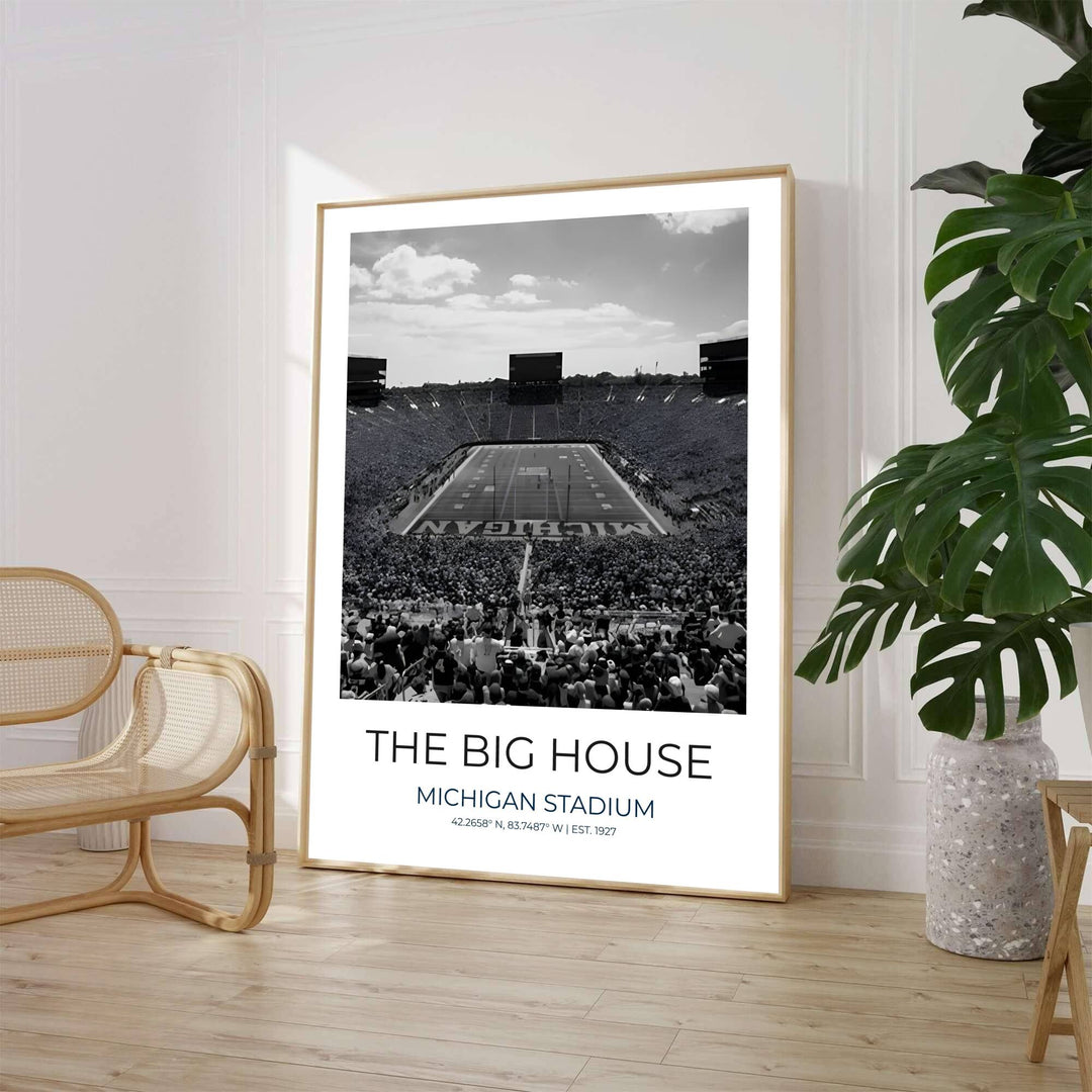 Monochrome photo print of The Big House in Ann Arbor Michigan showcasing high capacity stands, field turf, and scoreboards in high contrast. Crafted by MapYourDreams, this artwork is available in flexible options including unframed paper, custom wooden frames, and gallery canvas wraps to suit your wall decor.