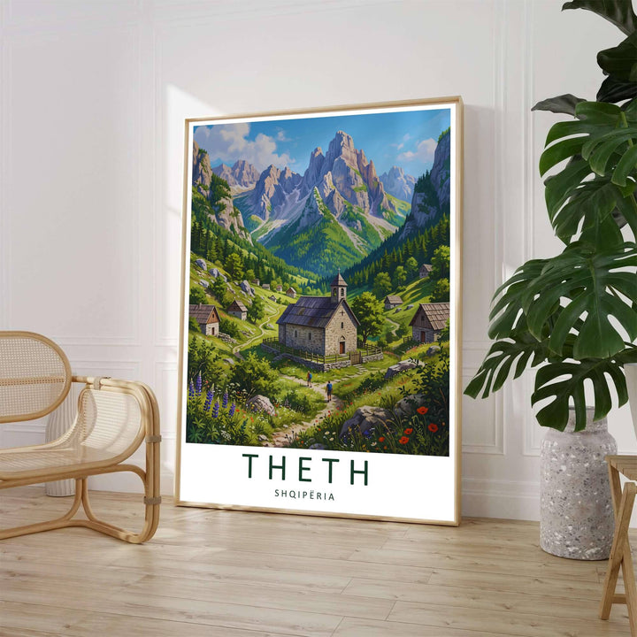 A detailed illustrative painting captures the iconic Kisha e Thethit church surrounded by traditional alpine houses and blooming wildflowers. Customers can select from unframed archival paper stock, custom wood frames, or gallery canvas wraps to suit their home interior style preferences.