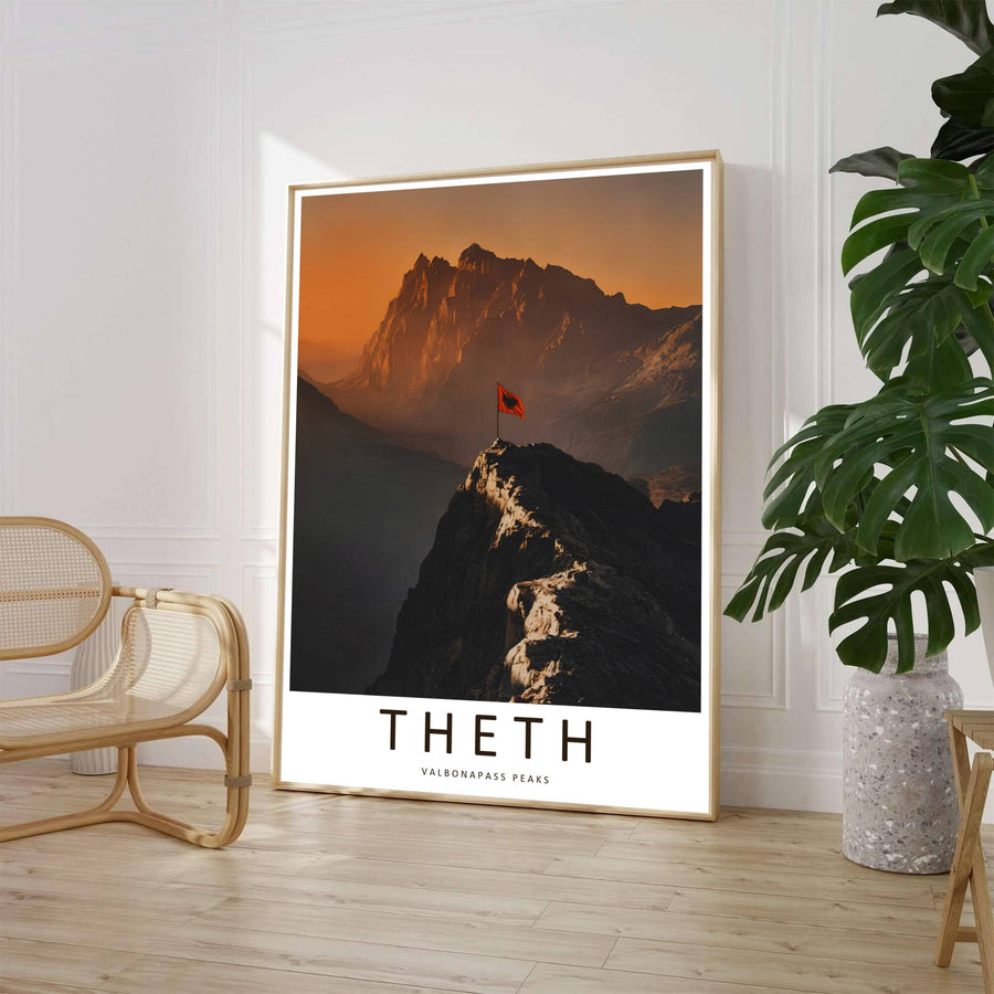 A striking photographic art print captures the rugged limestone peaks and deep valley shadows of the famous Theth to Valbona hiking trail in northern Albania. Customers can select from unframed archival paper stock, custom wood frames, or gallery canvas wraps to suit their home decor style.