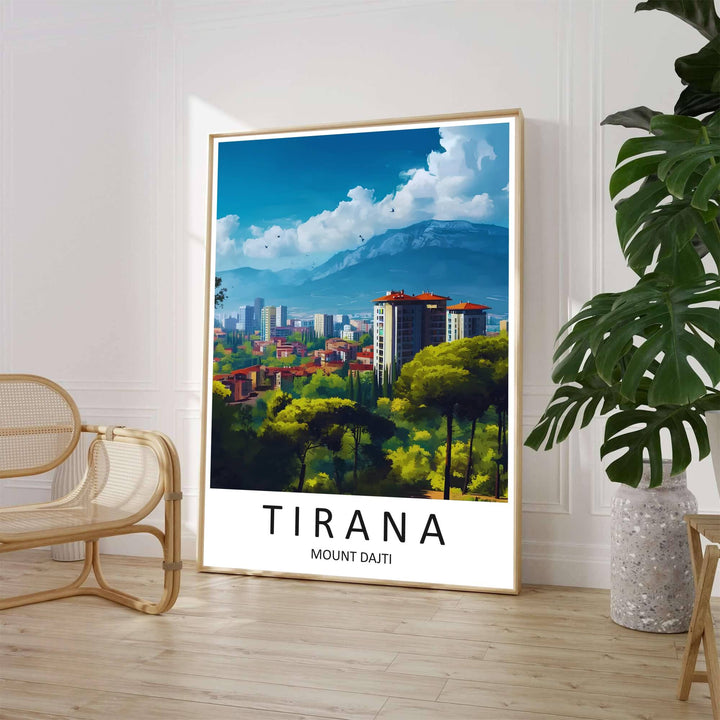 A clean mid-century travel illustration captures the expansive cityscape of Tirana framed by lush green park trees under a bright azure sky. Customers can select from unframed archival paper stock, custom wood frames, or gallery canvas wraps to suit their home decor style.