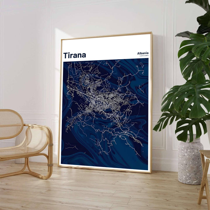 A high-contrast navy and white street map highlights the extensive road network of Tirana, presented in a luxurious portrait orientation. Select from flexible display choices like unframed paper stock, custom frames in various wood finishes, or gallery canvas wraps.