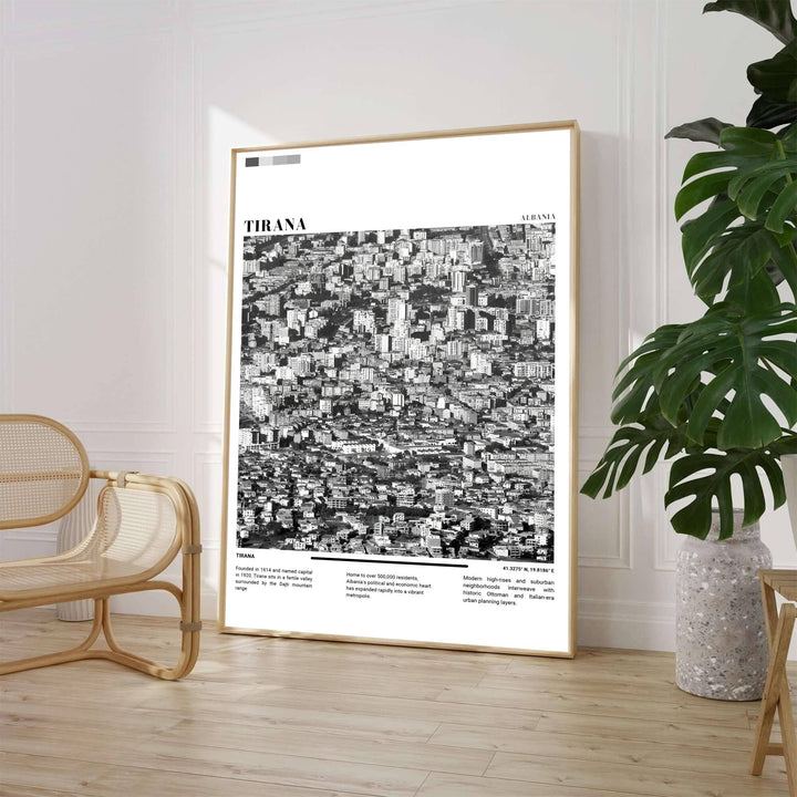 A compelling Black &amp; White photographic print captures the sprawling architectural density of Tirana&