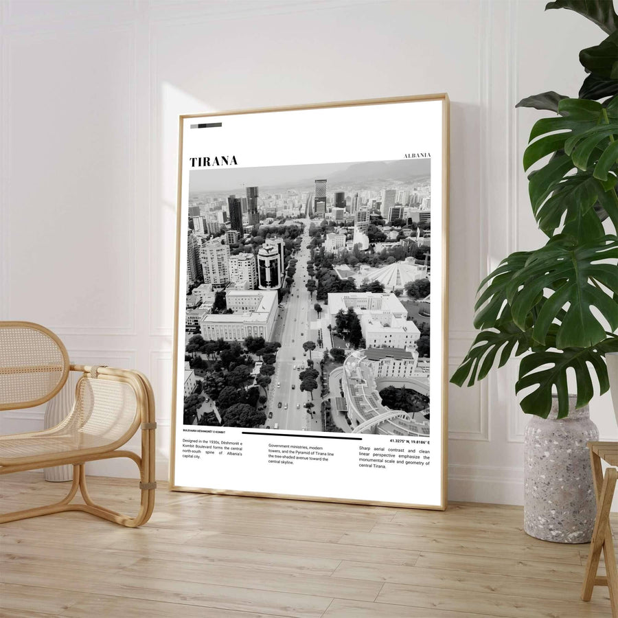 A compelling Black &amp; White photographic print captures the rationalist ministries, mature trees, and towering modern buildings along Tirana&