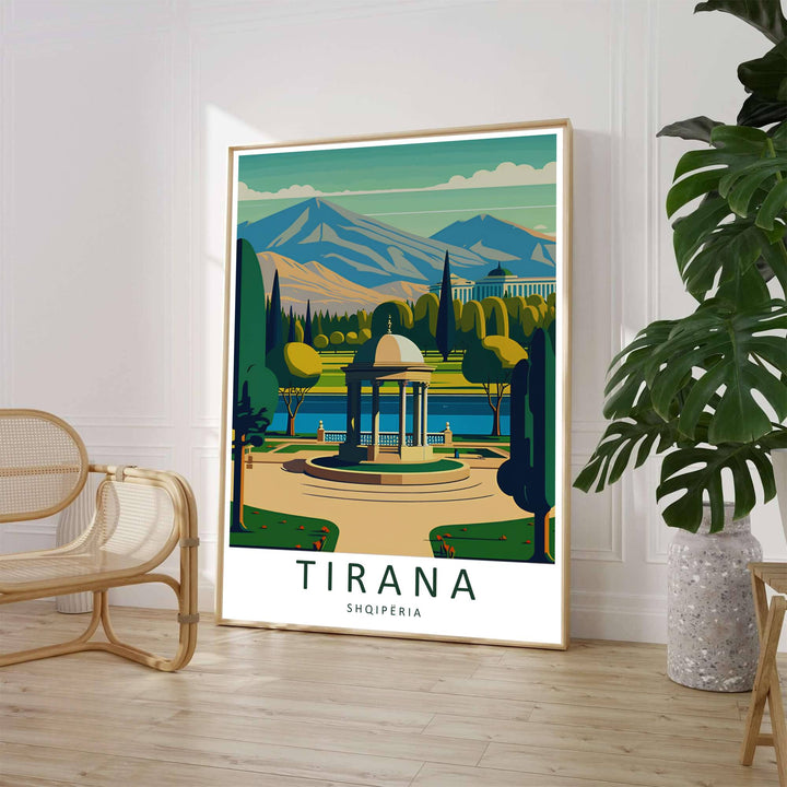 A clean mid-century travel illustration captures the serene landscape of Tirana&