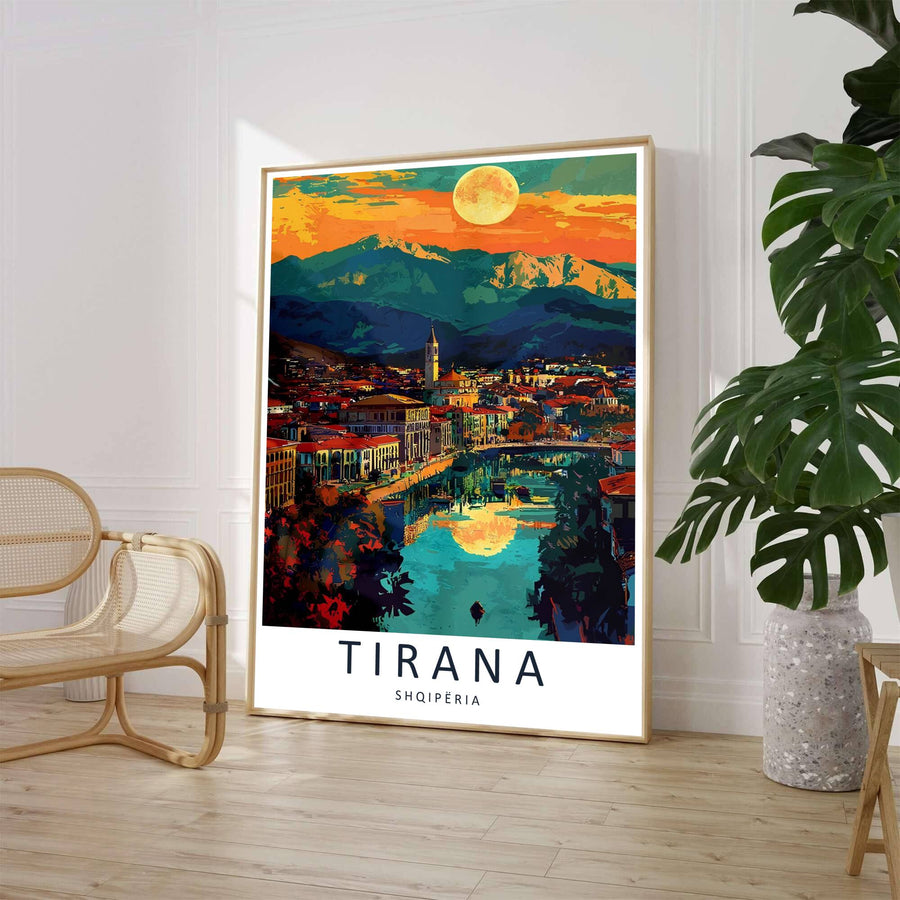 A striking expressionistic painting captures the romantic twilight atmosphere of Tirana, featuring vibrant evening colors reflecting across winding city waters. Customers can select from unframed archival paper stock, custom wood frames, or gallery canvas wraps to suit their home decor style.