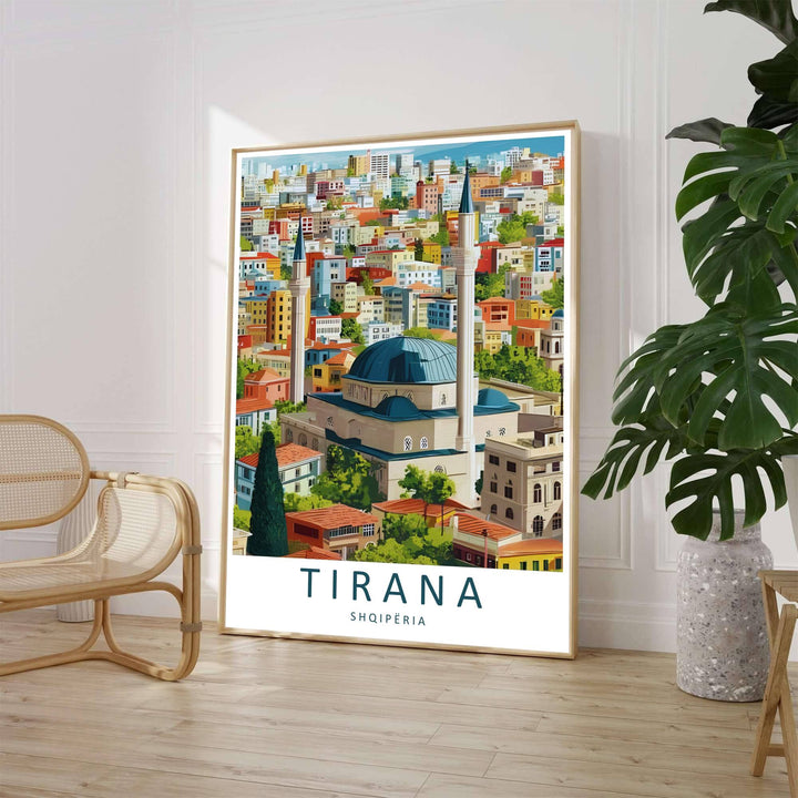 A clean contemporary vector illustration captures the expansive cityscape of Tirana framed by lush park trees and traditional terracotta rooftops beneath a bright daytime sky. Customers can select from unframed archival paper stock, custom wood frames, or gallery canvas wraps to suit their home decor style.