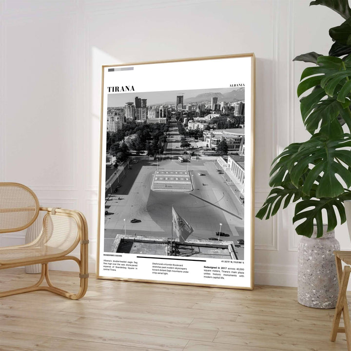 A compelling Black &amp; White photographic print captures the sweeping public square, central boulevards, and distant skyscrapers of Tirana under daylight. Customers can select from unframed archival paper stock, custom wood frames, or gallery canvas wraps to suit their home decor style.