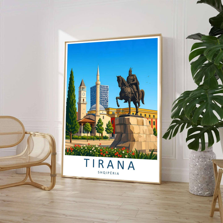A clean contemporary vector illustration captures the expansive cityscape of Tirana framed by blooming red flower beds and tall cypress trees beneath a bright daytime sky. Customers can select from unframed archival paper stock, custom wood frames, or gallery canvas wraps to suit their home decor style.