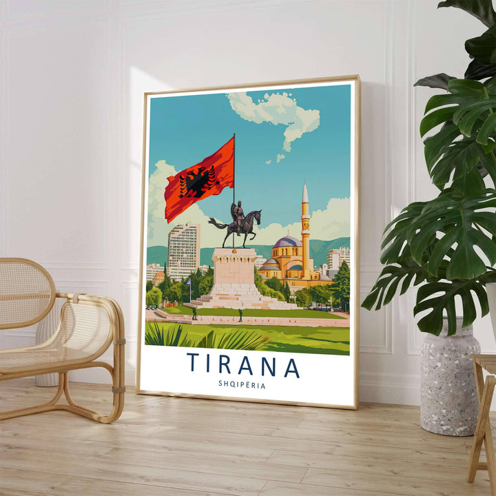 A clean contemporary vector illustration captures the expansive cityscape of Tirana framed by manicured green lawns and the Et&