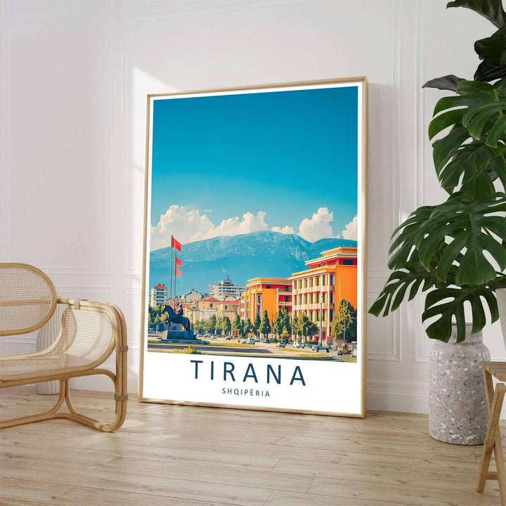A clean contemporary vector illustration captures the expansive cityscape of Tirana framed by manicured public plazas and distant blue mountain peaks beneath a bright daytime sky. Customers can select from unframed archival paper stock, custom wood frames, or gallery canvas wraps to suit their home decor style.