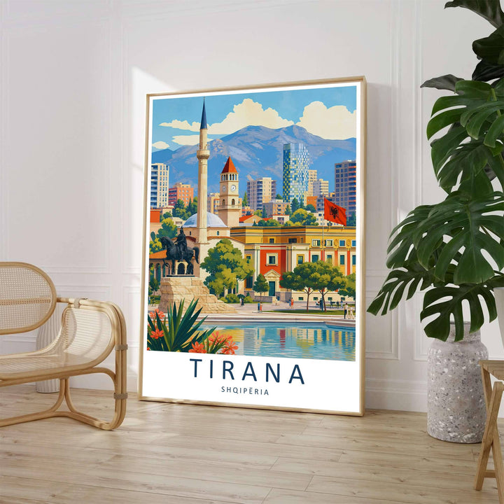 A classic mid-century travel illustration portrays the vibrant architectural skyline of Tirana framed by lush park trees and distant mountain ridges beneath a bright daytime sky. Customers can select from unframed archival paper stock, custom wood frames, or gallery canvas wraps to suit their home decor style.