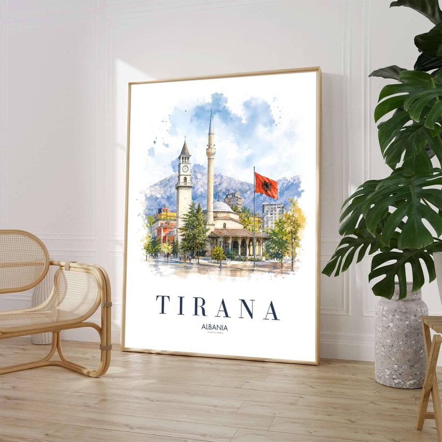 An expressive watercolor painting captures the architectural beauty of Tirana&
