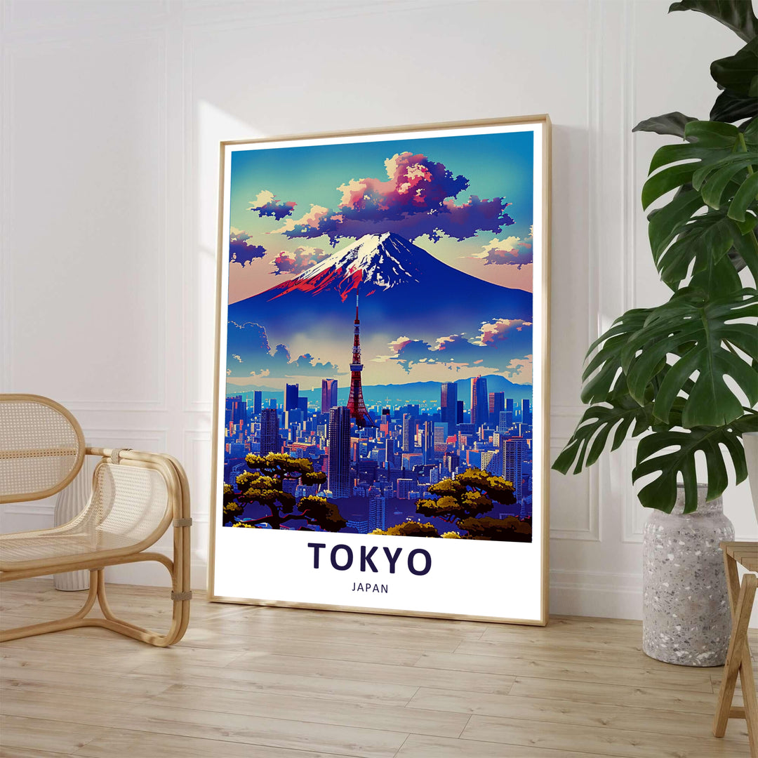 Aesthetic Japan travel art print showcasing Mount Fuji and Tokyo Tower framed by green pine branches. Offered by MapYourDreams, this artwork is available in flexible options including unframed paper, custom wooden frames, and gallery canvas wraps.