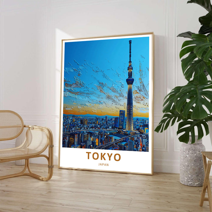 Textured impasto style travel print of Tokyo Skytree displaying vivid cerulean blue sky and gold dusk reflections. Offered by MapYourDreams, this artwork is available in flexible options including unframed paper, custom wooden frames, and gallery canvas wraps.