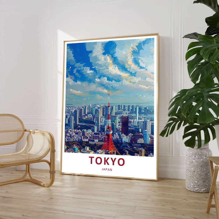 Japanese architectural wall decor depicting the striking crimson Tokyo Tower surrounded by city skyscrapers. Offered by MapYourDreams, this artwork is available in flexible options including unframed paper, custom wooden frames, and gallery canvas wraps for high quality display.