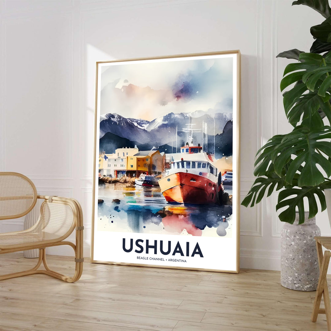 High above the coastal shores of Tierra del Fuego, an evocative Ushuaia port poster captures the Beagle Channel with colorful boats and snow-capped mountains, proudly presented by MapYourDreams across fine art paper, solid wood frames, and stretched canvas options.