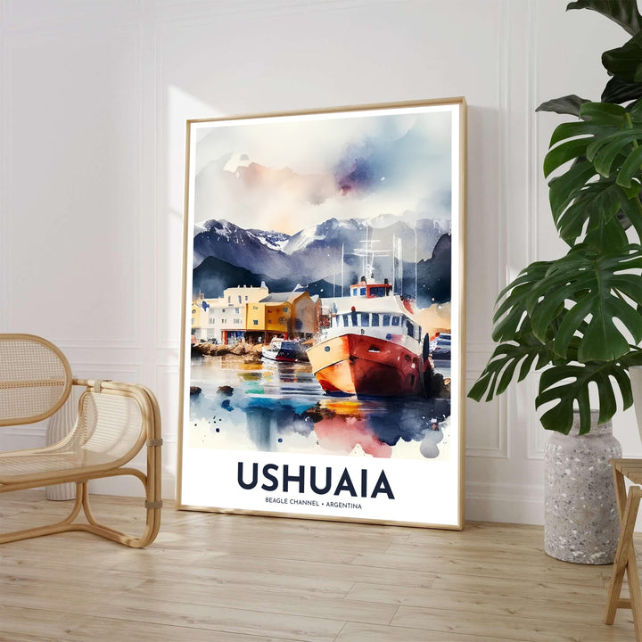 High above the coastal shores of Tierra del Fuego, an evocative Ushuaia port poster captures the Beagle Channel with colorful boats and snow-capped mountains, proudly presented by MapYourDreams across fine art paper, solid wood frames, and stretched canvas options.