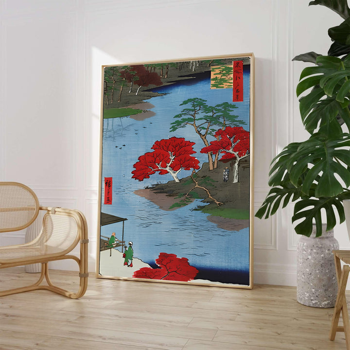 Classic Japanese Ukiyo-e landscape art print Akiba Shrine Ukeji by artist Utagawa Hiroshige featuring river reflections and pine trees in Akiba Shrine Ukeji. MapYourDreams supplies framed, unframed, and canvas poster formats for home wall decor.