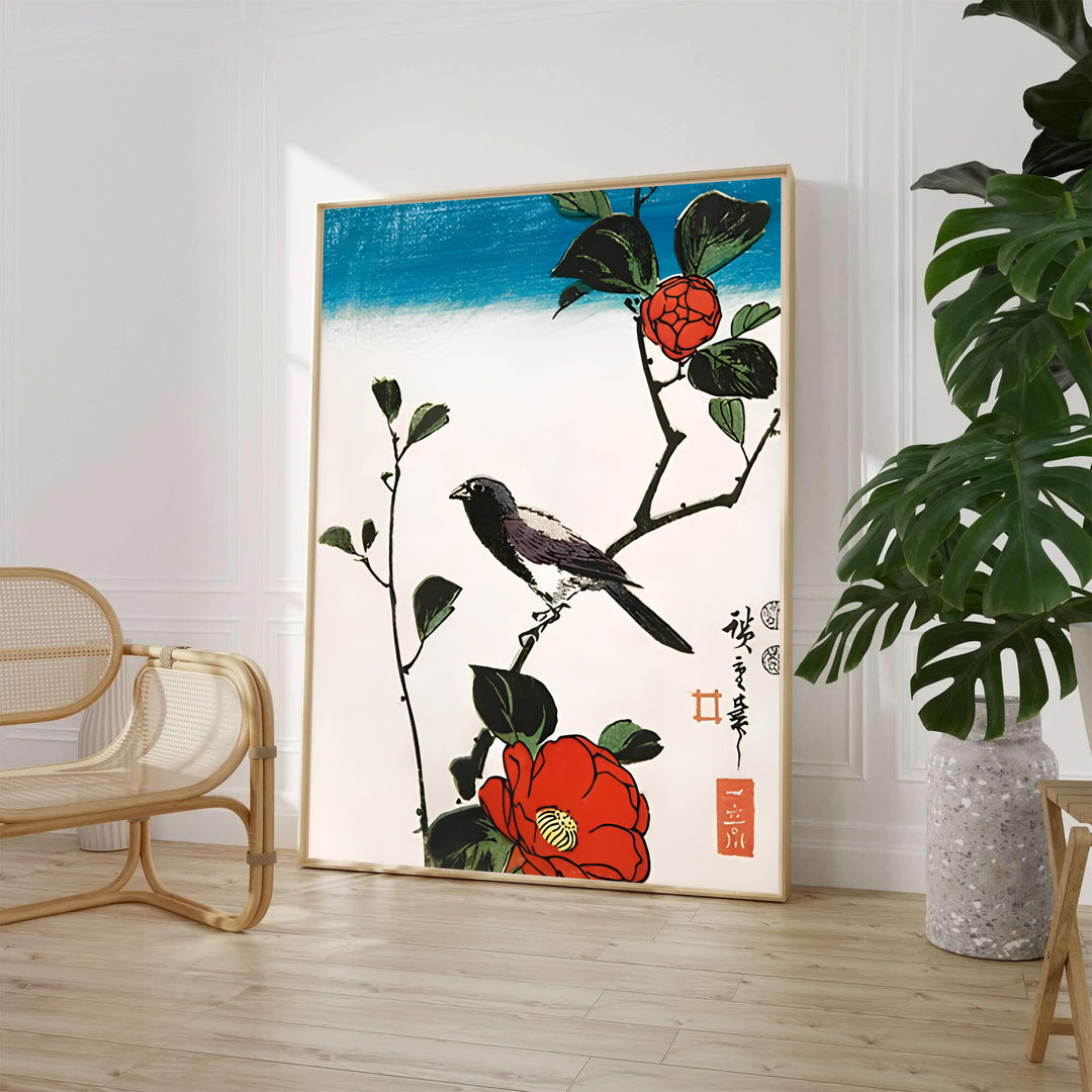 Classic Japanese Ukiyo-e nature art print Java Sparrow Camellia by artist Utagawa Hiroshige featuring perched bird and red flowers in Kyoto Camellia Garden. MapYourDreams supplies framed, unframed, and canvas poster formats for home wall decor.