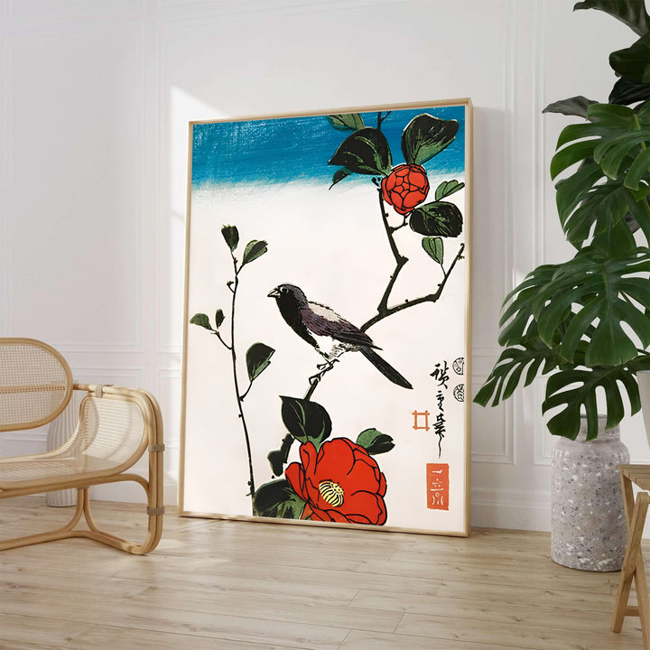 Classic Japanese Ukiyo-e nature art print Java Sparrow Camellia by artist Utagawa Hiroshige featuring perched bird and red flowers in Kyoto Camellia Garden. MapYourDreams supplies framed, unframed, and canvas poster formats for home wall decor.