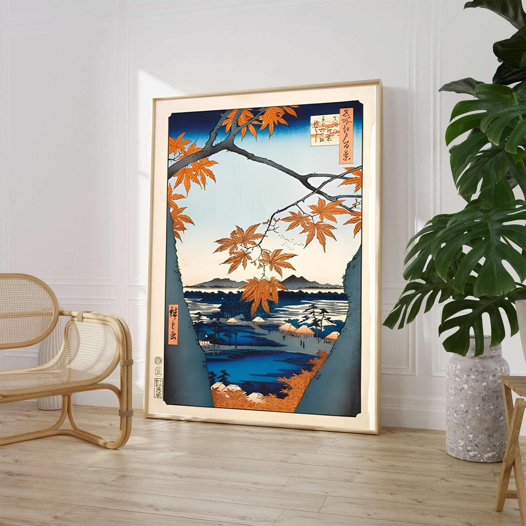 Traditional Asian nature landscape art print Maple Trees at Mama by artist Utagawa Hiroshige displaying river and foliage at Maple Trees at Mama and Tekona Shrine. MapYourDreams supplies framed, unframed, and canvas poster options for wall decor.