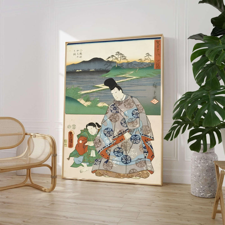 Beautiful Japanese woodblock print Chiryu Yatsuhashi by artist Utagawa Kunisada and Utagawa Hiroshige featuring nobleman robes in a museum style at Chiryu Post Station and Yatsuhashi Bridge. MapYourDreams offers versatile framed, unframed, and canvas print options.